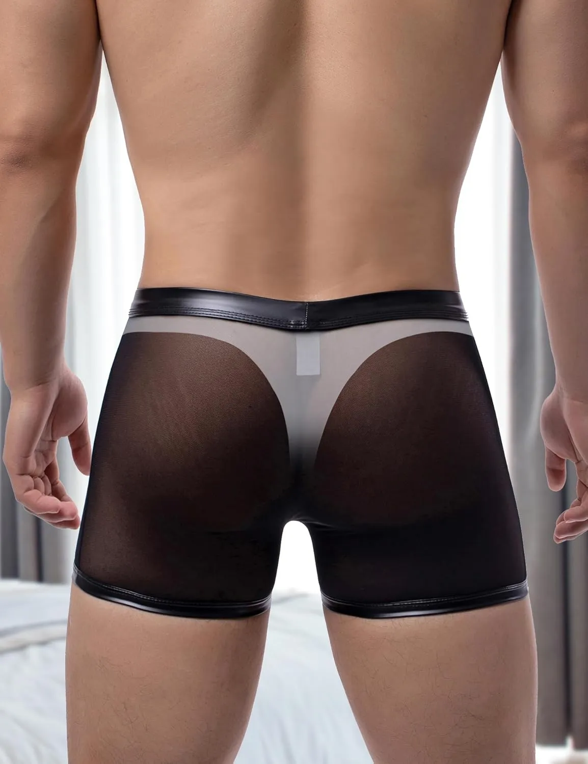 ohmydear Men Sexy Boxer Briefs See Through Mesh Underwear Funny Button Faux Leather Removable Pouch Breathable Underpants