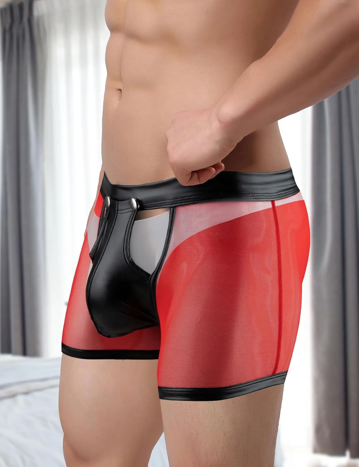 ohmydear Men Sexy Boxer Briefs See Through Mesh Underwear Funny Button Faux Leather Removable Pouch Breathable Underpants