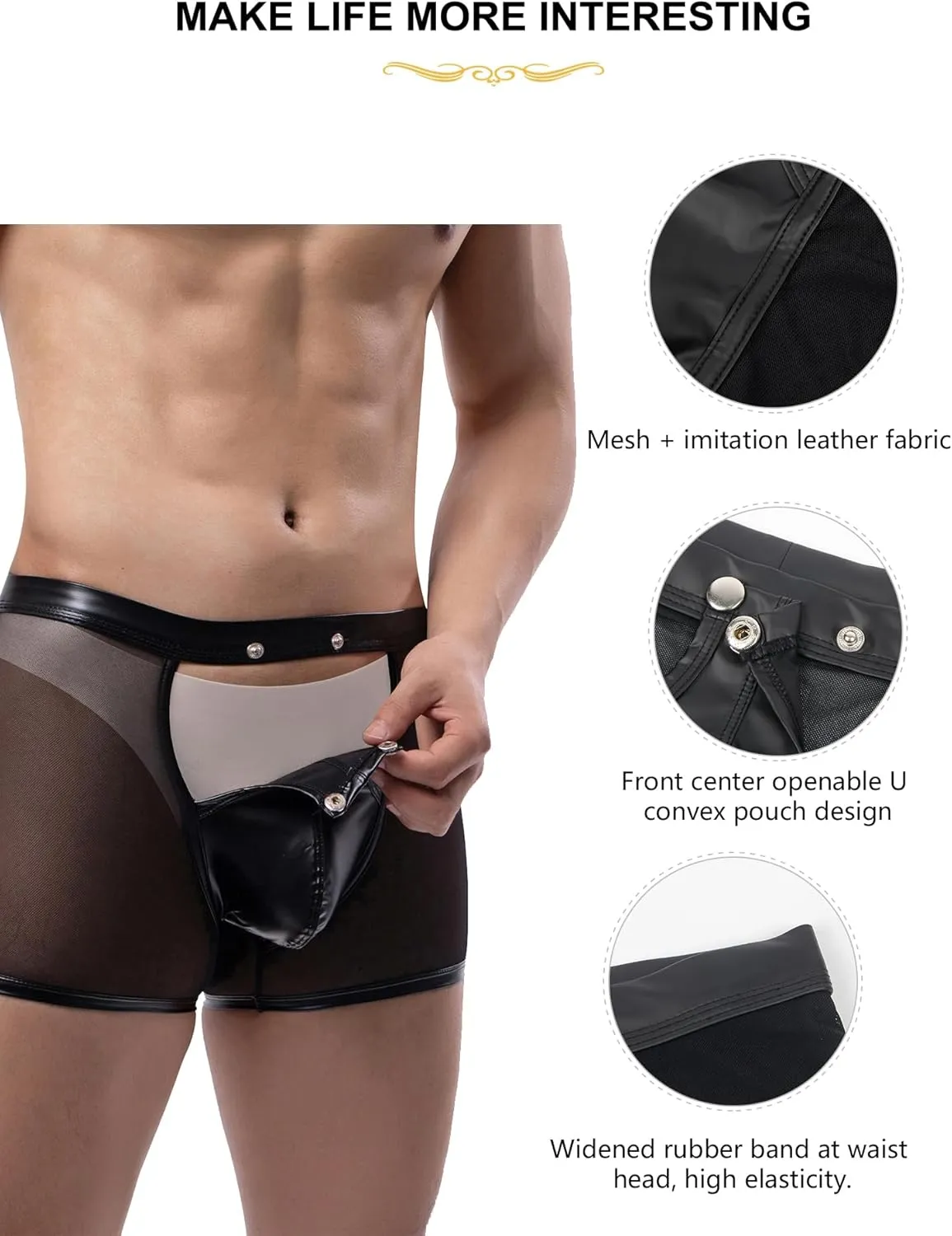 ohmydear Men Sexy Boxer Briefs See Through Mesh Underwear Funny Button Faux Leather Removable Pouch Breathable Underpants