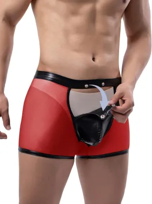 ohmydear Men Sexy Boxer Briefs See Through Mesh Underwear Funny Button Faux Leather Removable Pouch Breathable Underpants