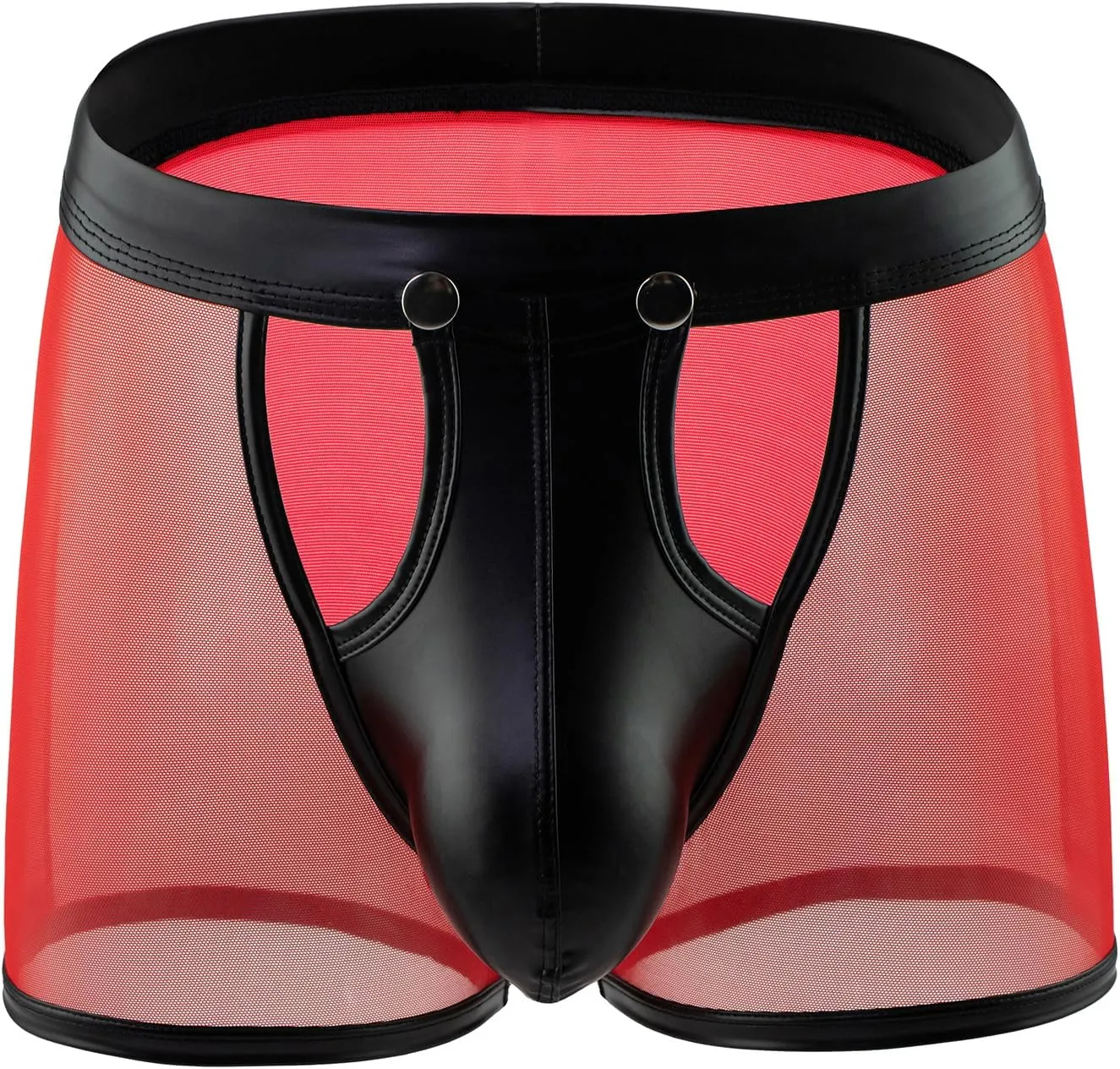 ohmydear Men Sexy Boxer Briefs See Through Mesh Underwear Funny Button Faux Leather Removable Pouch Breathable Underpants