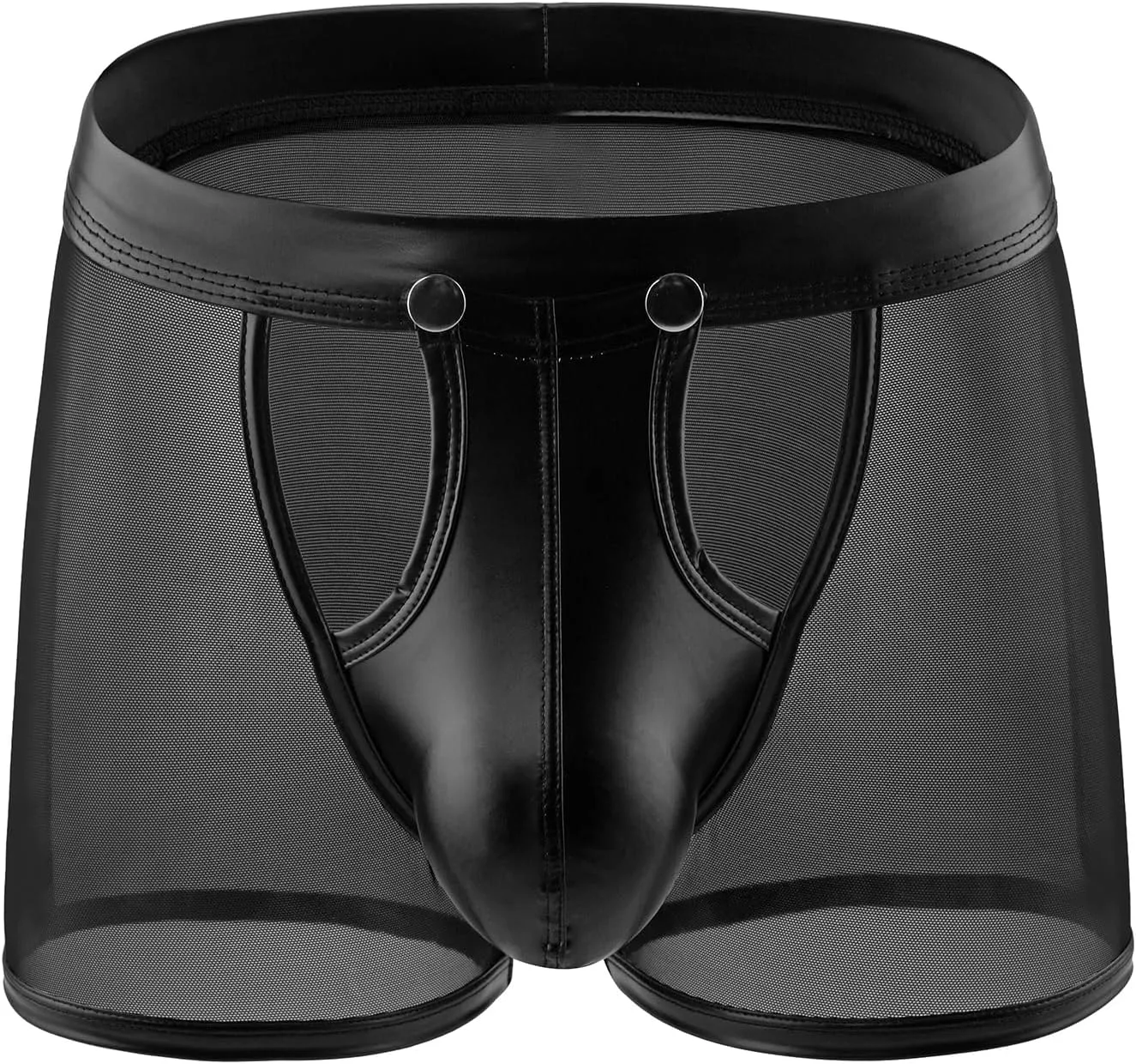 ohmydear Men Sexy Boxer Briefs See Through Mesh Underwear Funny Button Faux Leather Removable Pouch Breathable Underpants