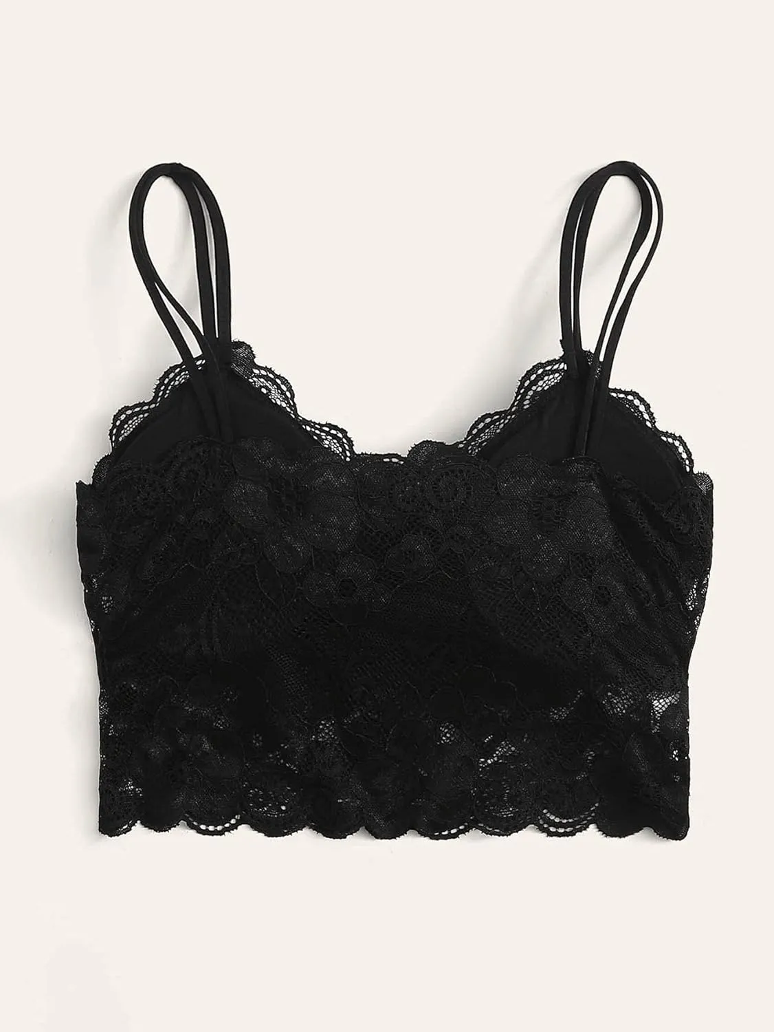 OYOANGLE Women's Floral Lace Scallop Trim Bras V Neck Spaghetti Strap Wireless Bralettes Cropped Camisoles