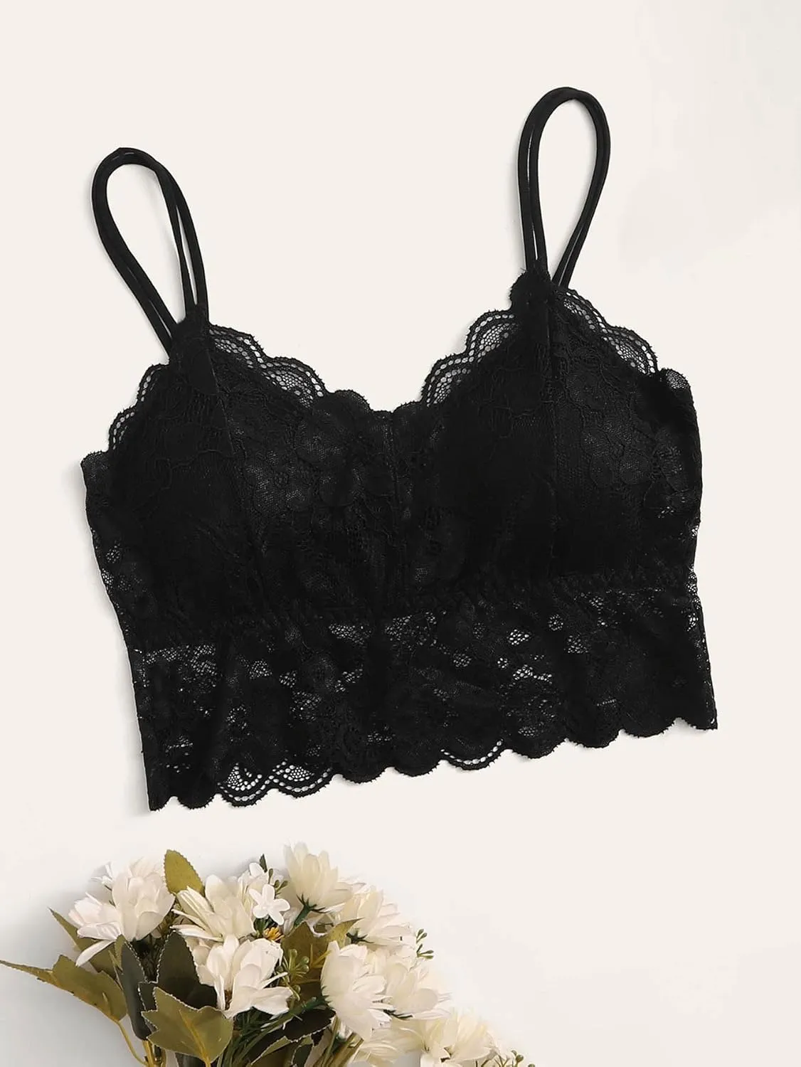 OYOANGLE Women's Floral Lace Scallop Trim Bras V Neck Spaghetti Strap Wireless Bralettes Cropped Camisoles