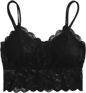 OYOANGLE Women's Floral Lace Scallop Trim Bras V Neck Spaghetti Strap Wireless Bralettes Cropped Camisoles