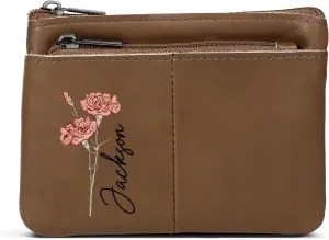 Personalized Birth Flower Leather Wallet - Women's Wristlet Purse with Custom Name Stylish Card Holder Purse with Zipper Wallet Mother's Day Gifts for Mom (Brown)