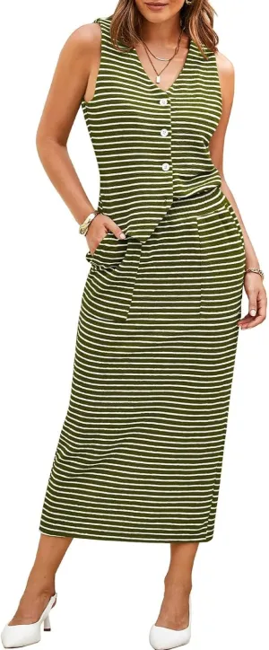 Pink Queen Women's 2 Piece Outfits Sleeveless V Neck Button Down Tank Tops Slit Midi Dress 2025 Striped Summer Skirt Sets