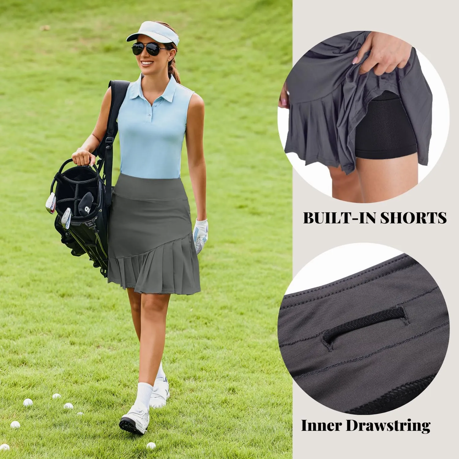 PINSPARK Golf Skirts for Women 20" Knee Length Skorts Pleated Tennis Skirts with Shorts Tummy Control Casual Modest Skirts
