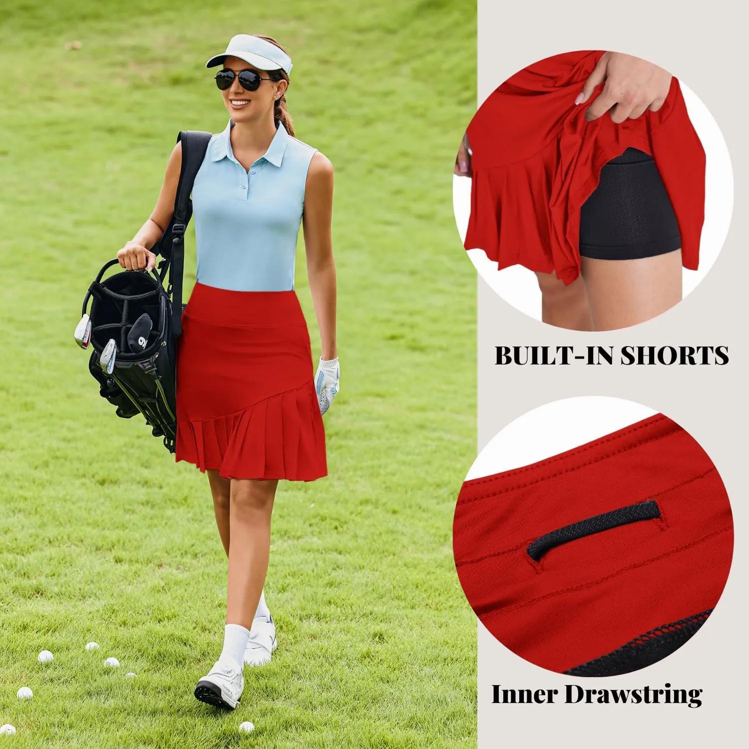 PINSPARK Golf Skirts for Women 20" Knee Length Skorts Pleated Tennis Skirts with Shorts Tummy Control Casual Modest Skirts