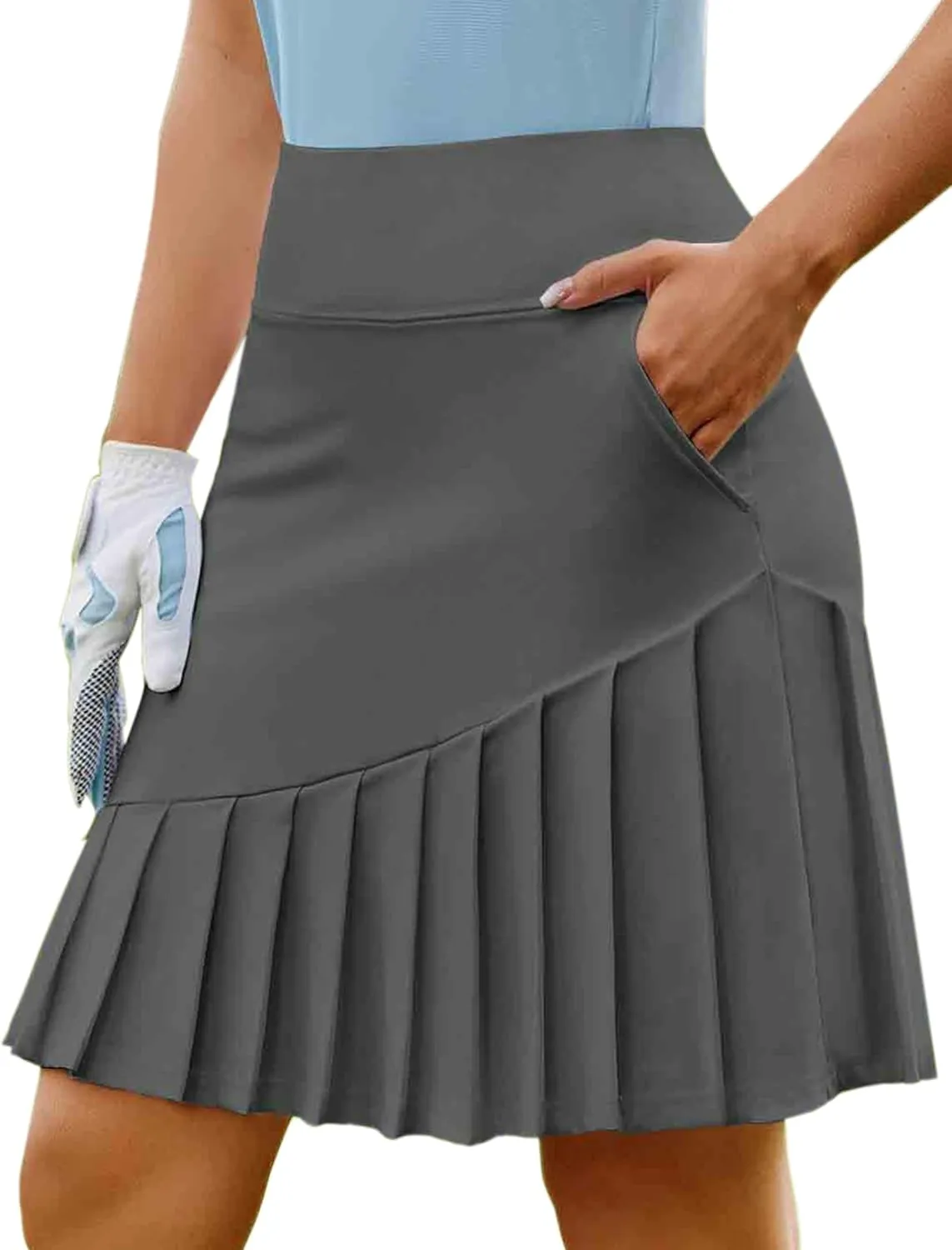 PINSPARK Golf Skirts for Women 20" Knee Length Skorts Pleated Tennis Skirts with Shorts Tummy Control Casual Modest Skirts