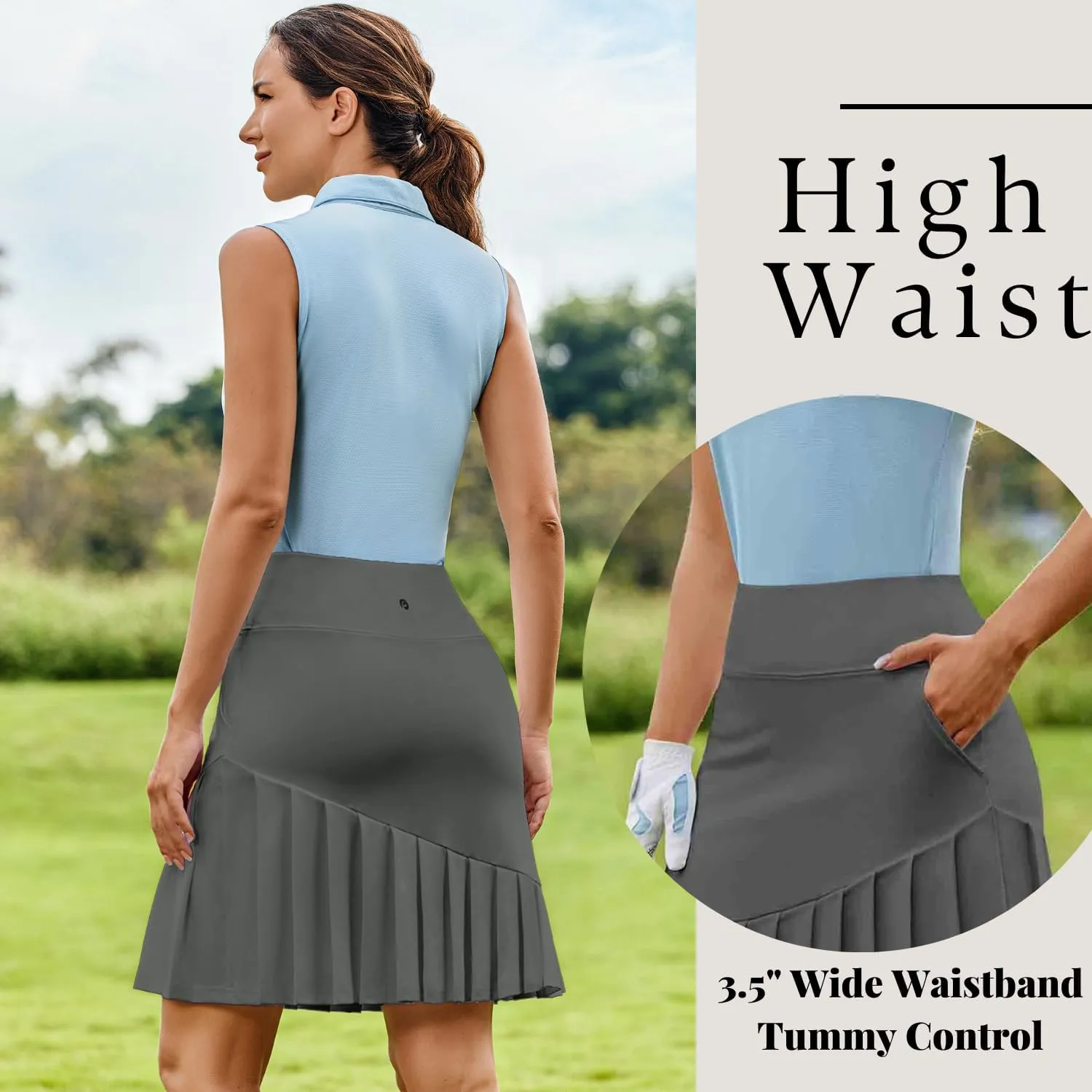 PINSPARK Golf Skirts for Women 20" Knee Length Skorts Pleated Tennis Skirts with Shorts Tummy Control Casual Modest Skirts