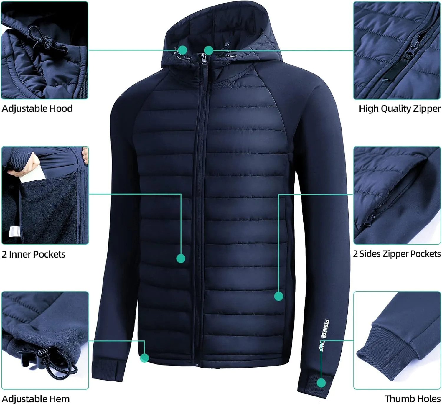 Pioneer Camp Men's Lightweight Puffer Running Jacket Waterproof Winter Down Jacket Hooded Insulated Puffy Thermal Hybrid Coat
