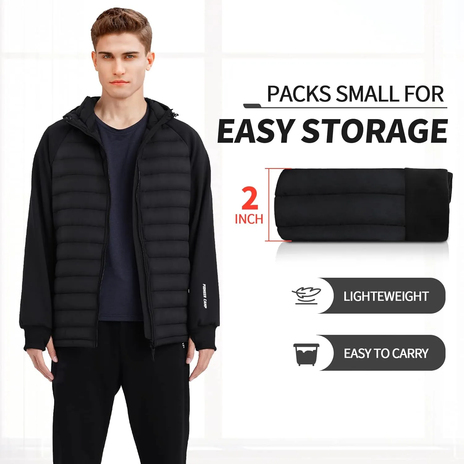 Pioneer Camp Men's Lightweight Puffer Running Jacket Waterproof Winter Down Jacket Hooded Insulated Puffy Thermal Hybrid Coat