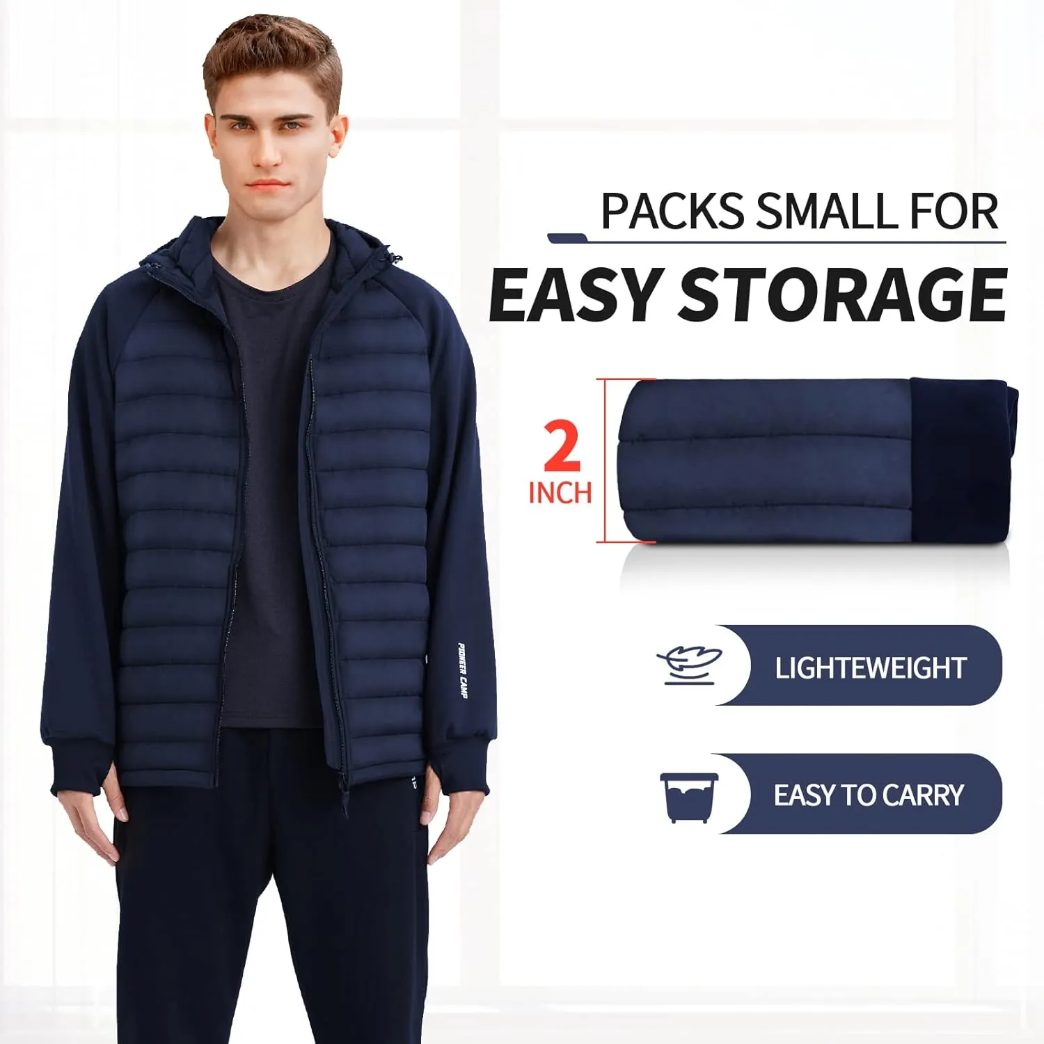 Pioneer Camp Men's Lightweight Puffer Running Jacket Waterproof Winter Down Jacket Hooded Insulated Puffy Thermal Hybrid Coat