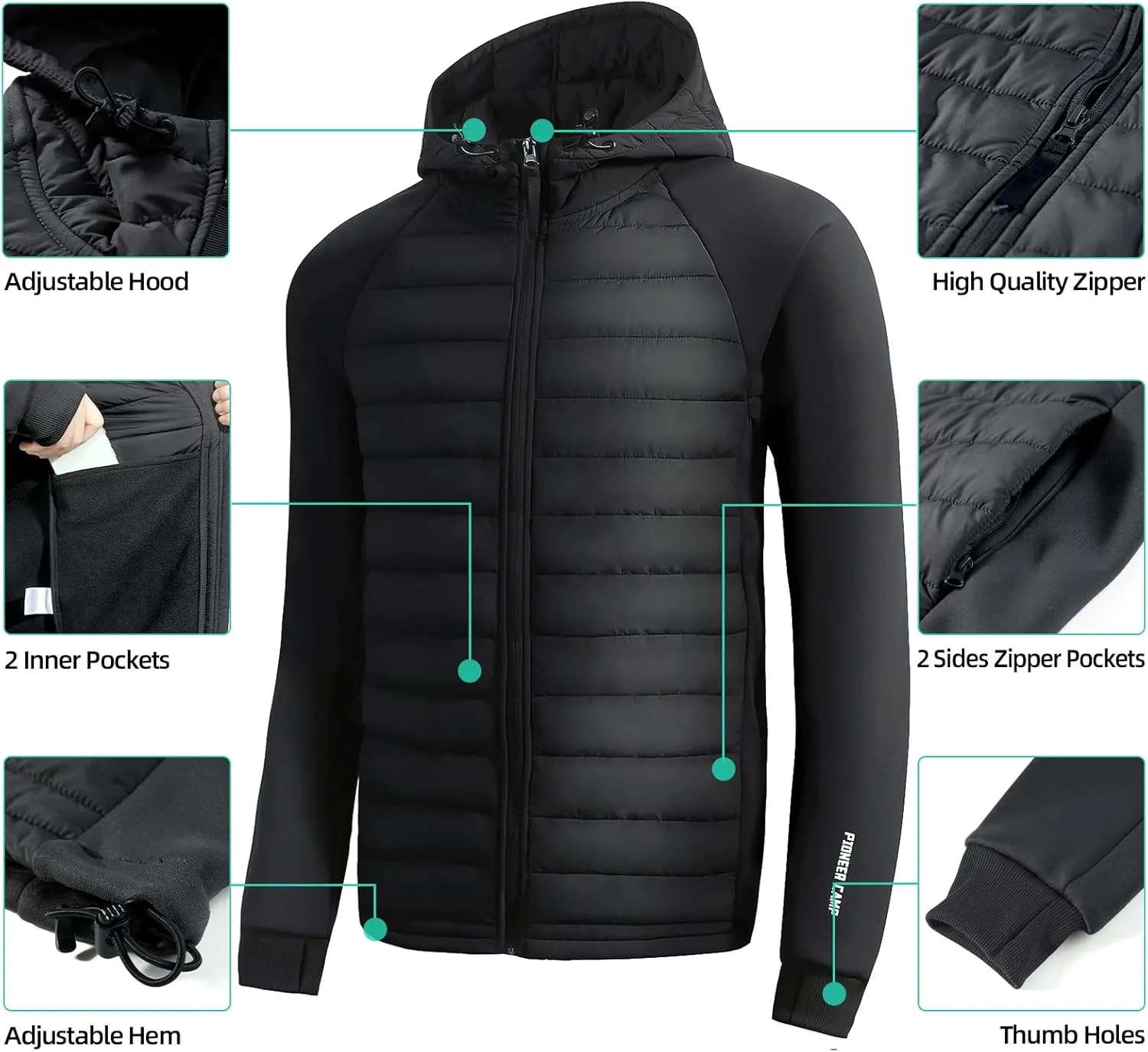 Pioneer Camp Men's Lightweight Puffer Running Jacket Waterproof Winter Down Jacket Hooded Insulated Puffy Thermal Hybrid Coat