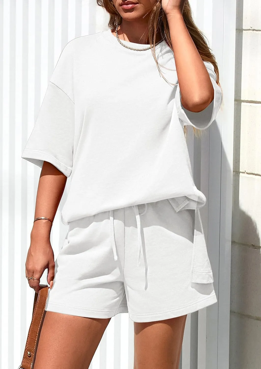 PRETTYGARDEN Women's 2 Piece Lounge Sets 2025 Summer Short Sleeve Tunic Tops Drawstring Shorts Matching Outfits Tracksuits