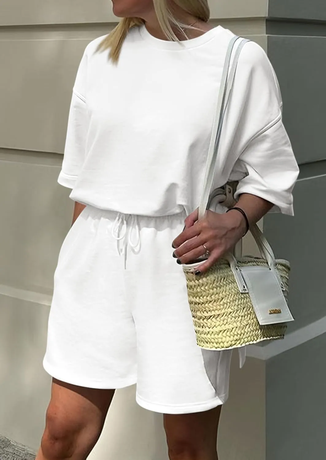 PRETTYGARDEN Women's 2 Piece Lounge Sets 2025 Summer Short Sleeve Tunic Tops Drawstring Shorts Matching Outfits Tracksuits