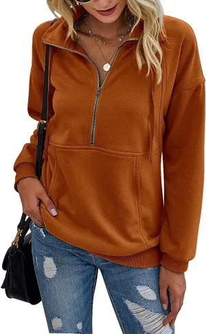 PRETTYGARDEN Women's Casual Long Sleeve Lapel Zipper Sweatshirt Drawstring Loose Pullover Tops