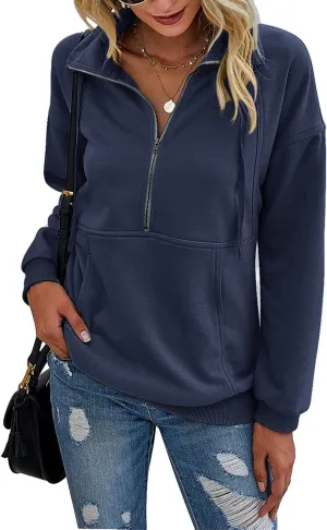PRETTYGARDEN Women's Casual Long Sleeve Lapel Zipper Sweatshirt Drawstring Loose Pullover Tops