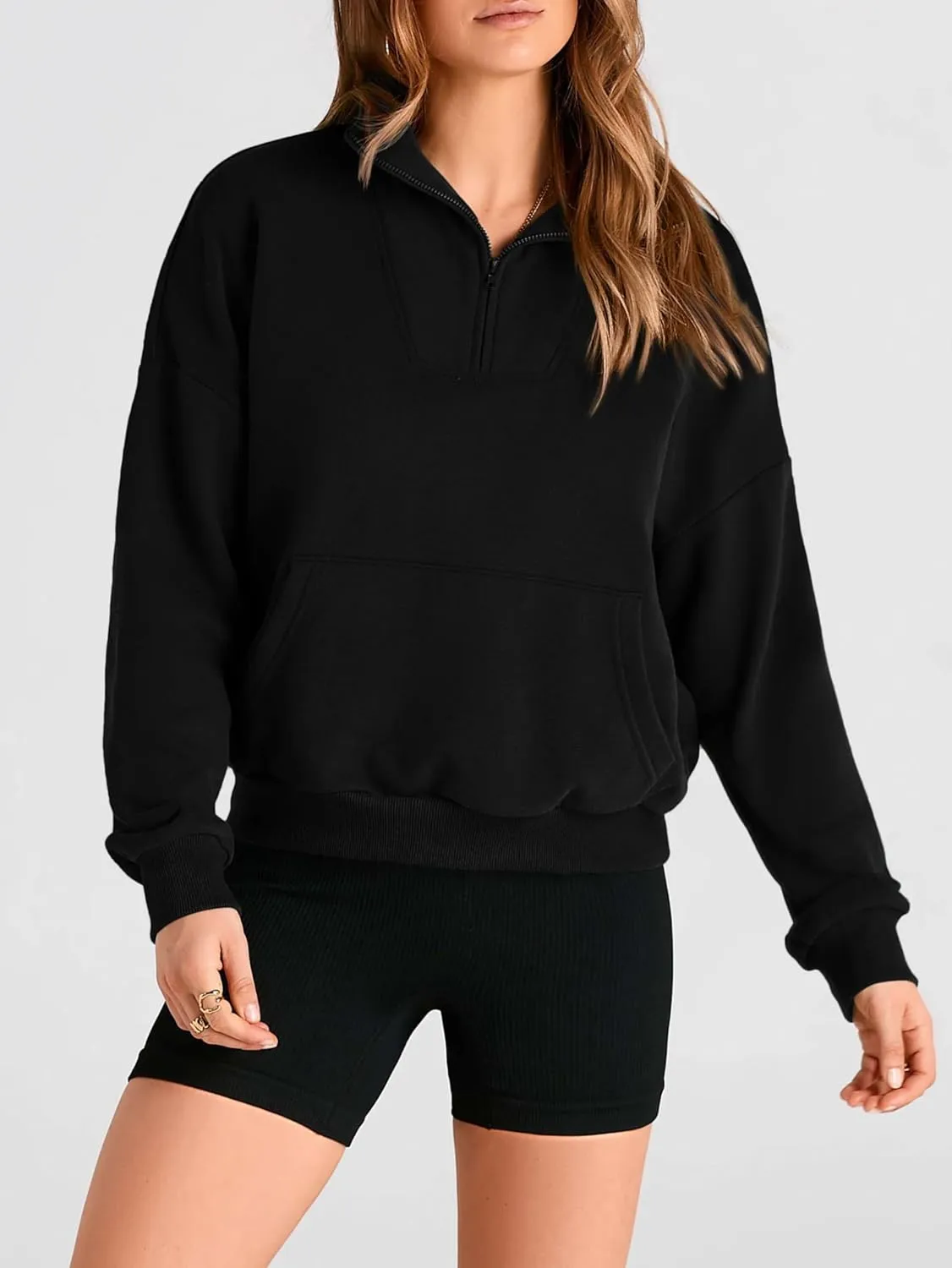 PRETTYGARDEN Womens Quarter Zip Long Sleeve Cropped Sweatshirt 2025 Fall Winter Casual V Neck Pullover Tops With Pockets