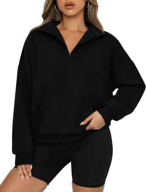 PRETTYGARDEN Womens Quarter Zip Long Sleeve Cropped Sweatshirt 2025 Fall Winter Casual V Neck Pullover Tops With Pockets