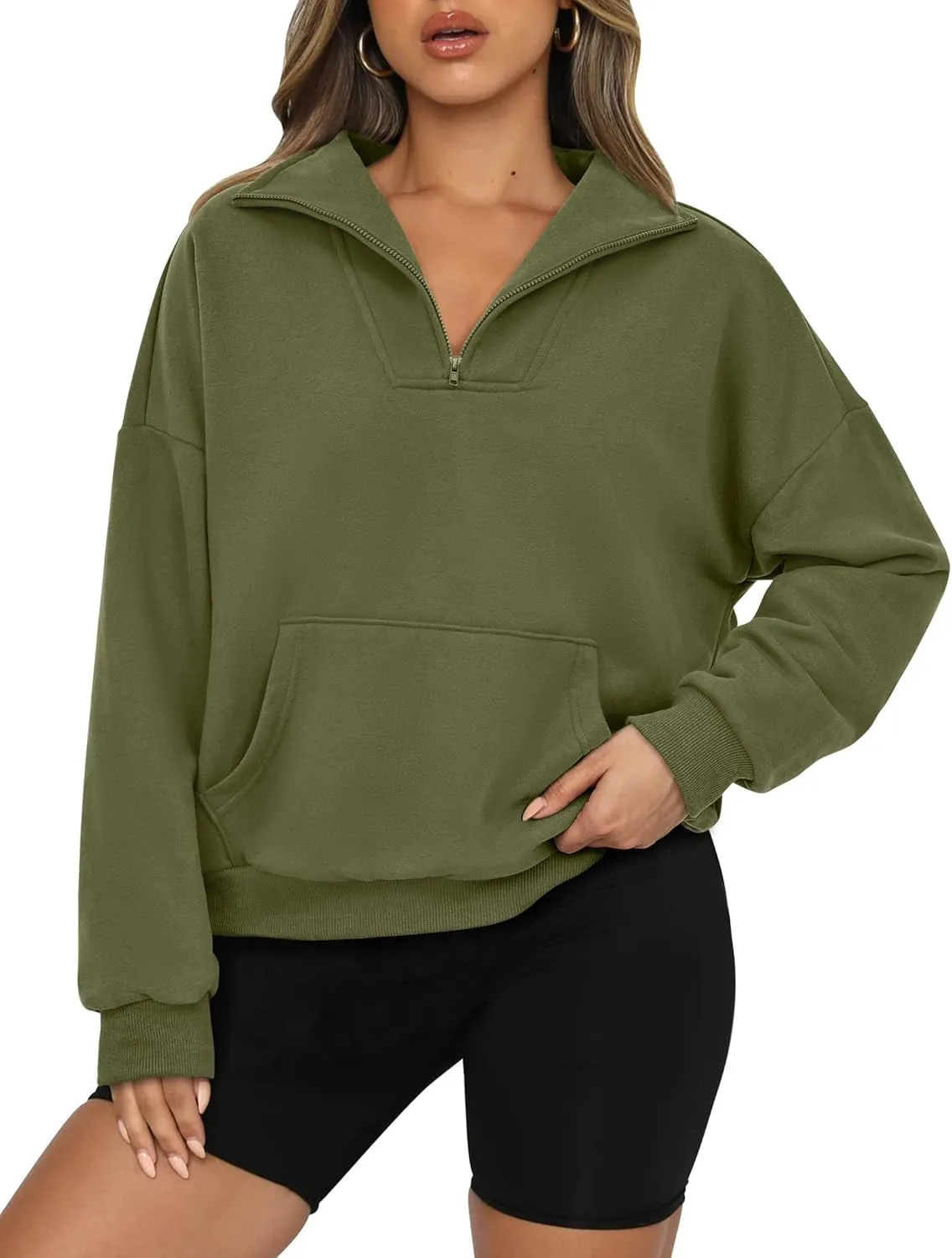 PRETTYGARDEN Womens Quarter Zip Long Sleeve Cropped Sweatshirt 2025 Fall Winter Casual V Neck Pullover Tops With Pockets