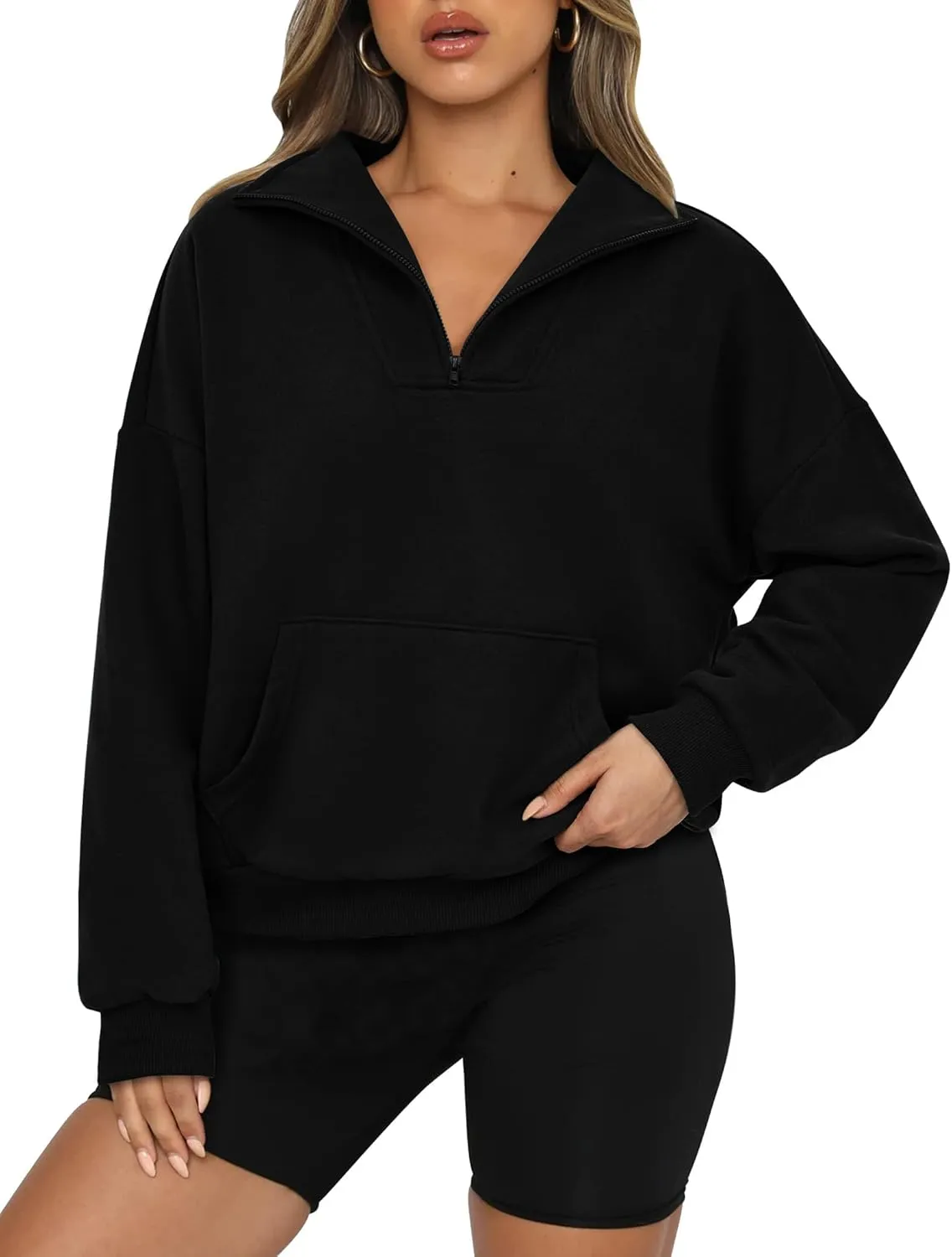 PRETTYGARDEN Womens Quarter Zip Long Sleeve Cropped Sweatshirt 2025 Fall Winter Casual V Neck Pullover Tops With Pockets