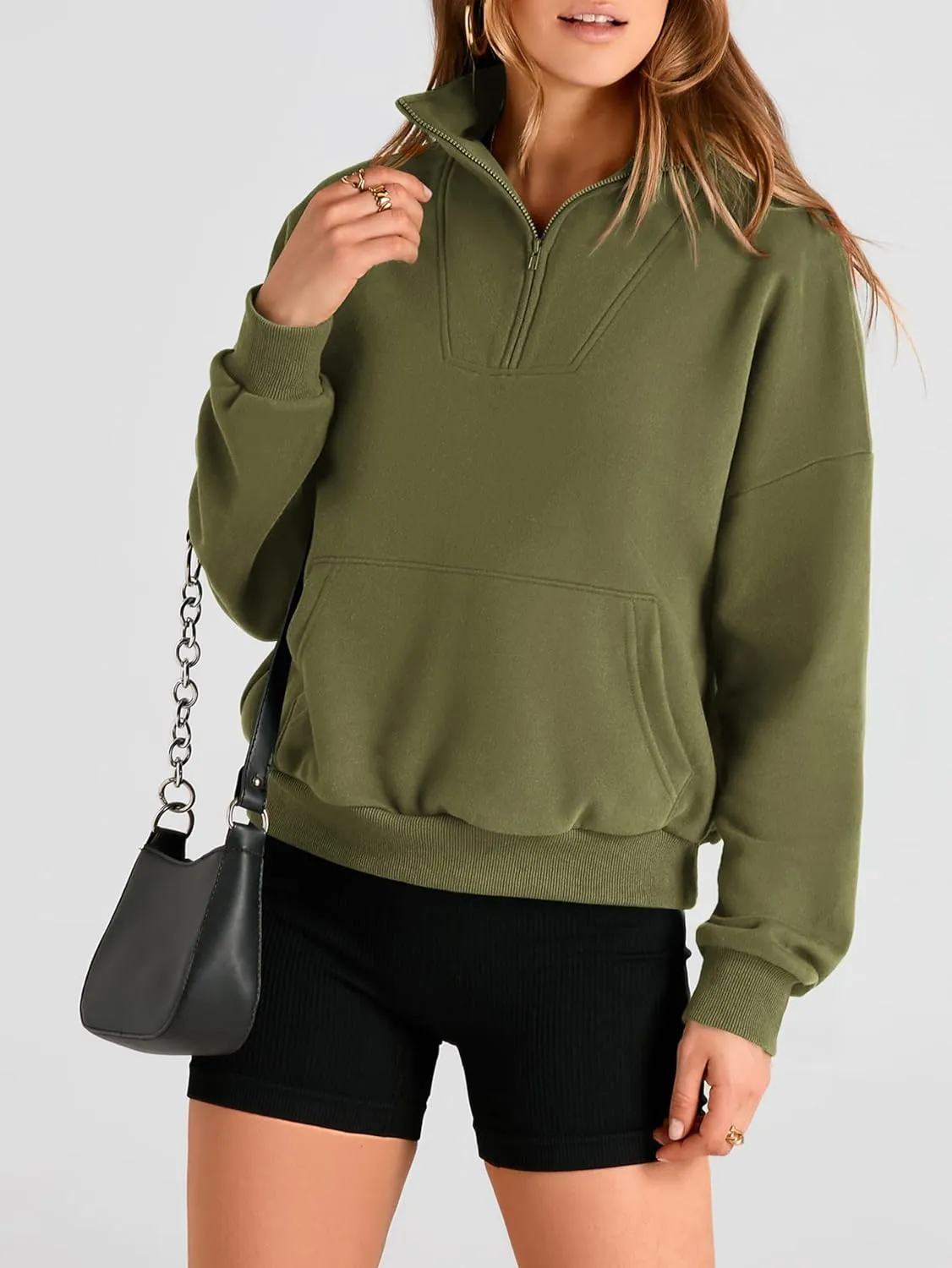PRETTYGARDEN Womens Quarter Zip Long Sleeve Cropped Sweatshirt 2025 Fall Winter Casual V Neck Pullover Tops With Pockets