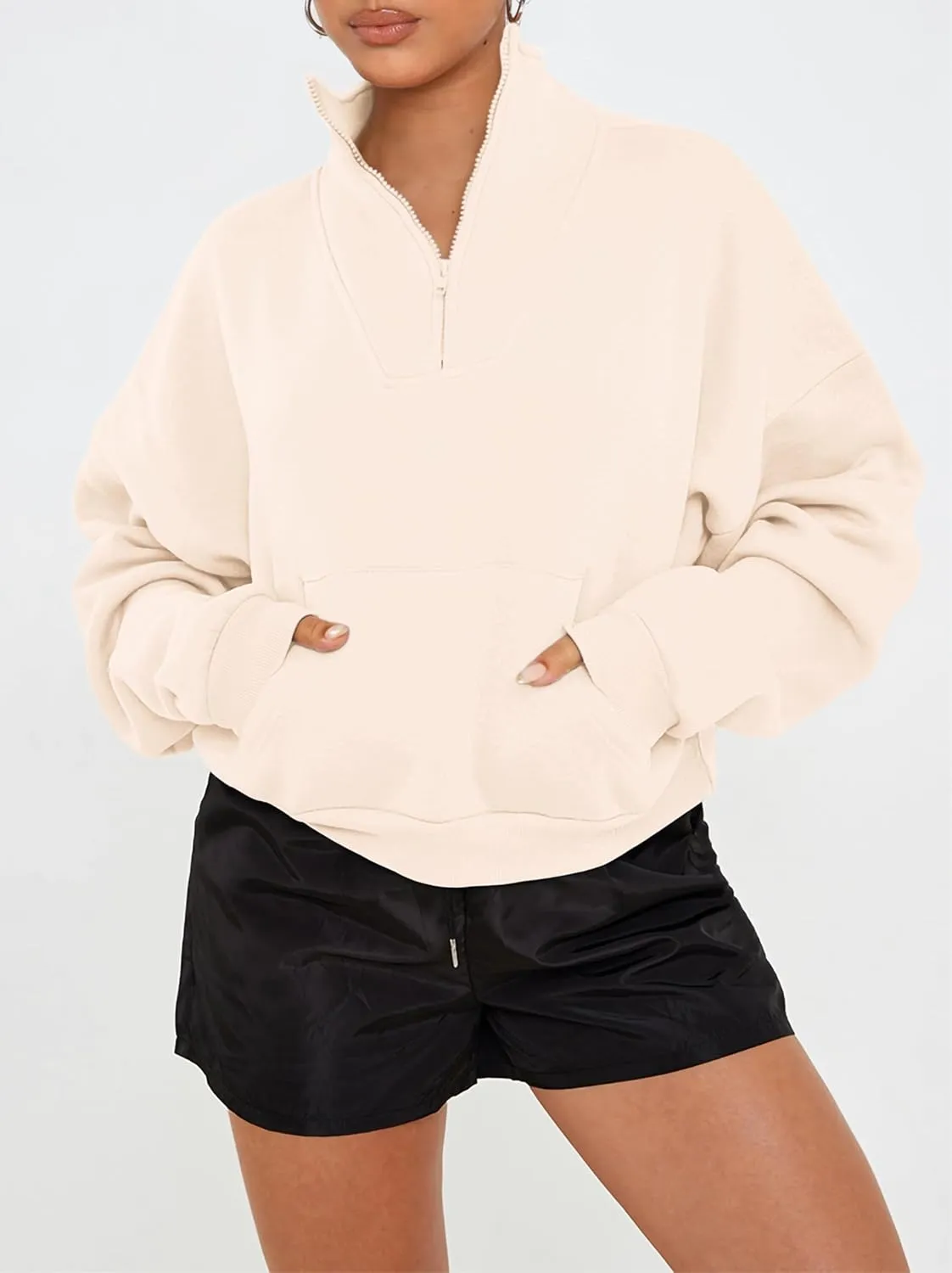 PRETTYGARDEN Womens Quarter Zip Long Sleeve Cropped Sweatshirt 2025 Fall Winter Casual V Neck Pullover Tops With Pockets