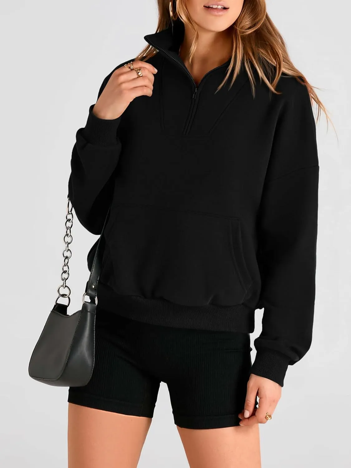 PRETTYGARDEN Womens Quarter Zip Long Sleeve Cropped Sweatshirt 2025 Fall Winter Casual V Neck Pullover Tops With Pockets