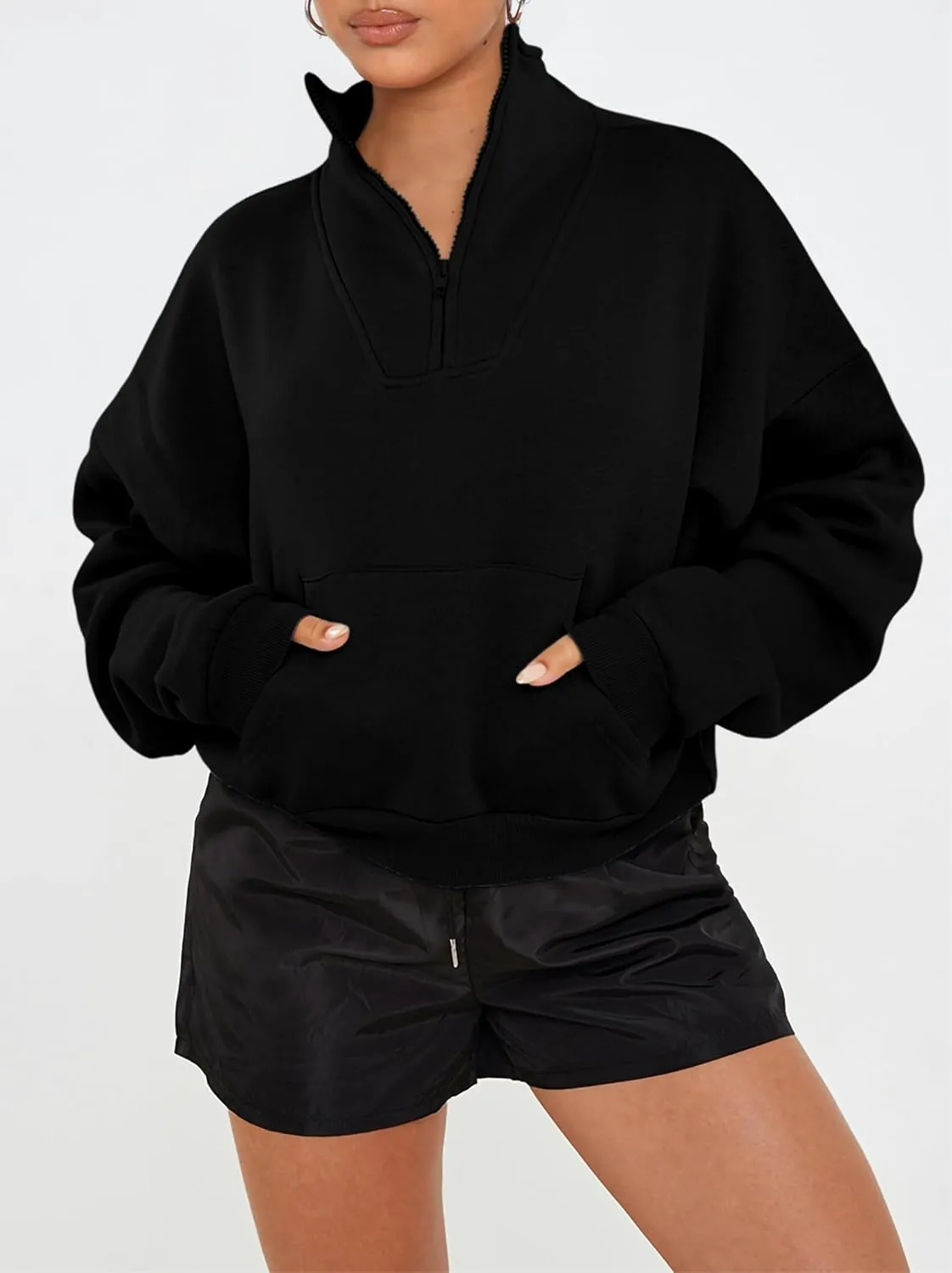PRETTYGARDEN Womens Quarter Zip Long Sleeve Cropped Sweatshirt 2025 Fall Winter Casual V Neck Pullover Tops With Pockets