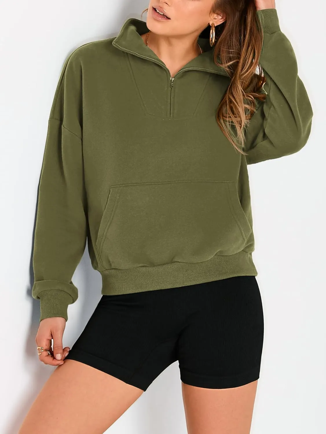 PRETTYGARDEN Womens Quarter Zip Long Sleeve Cropped Sweatshirt 2025 Fall Winter Casual V Neck Pullover Tops With Pockets