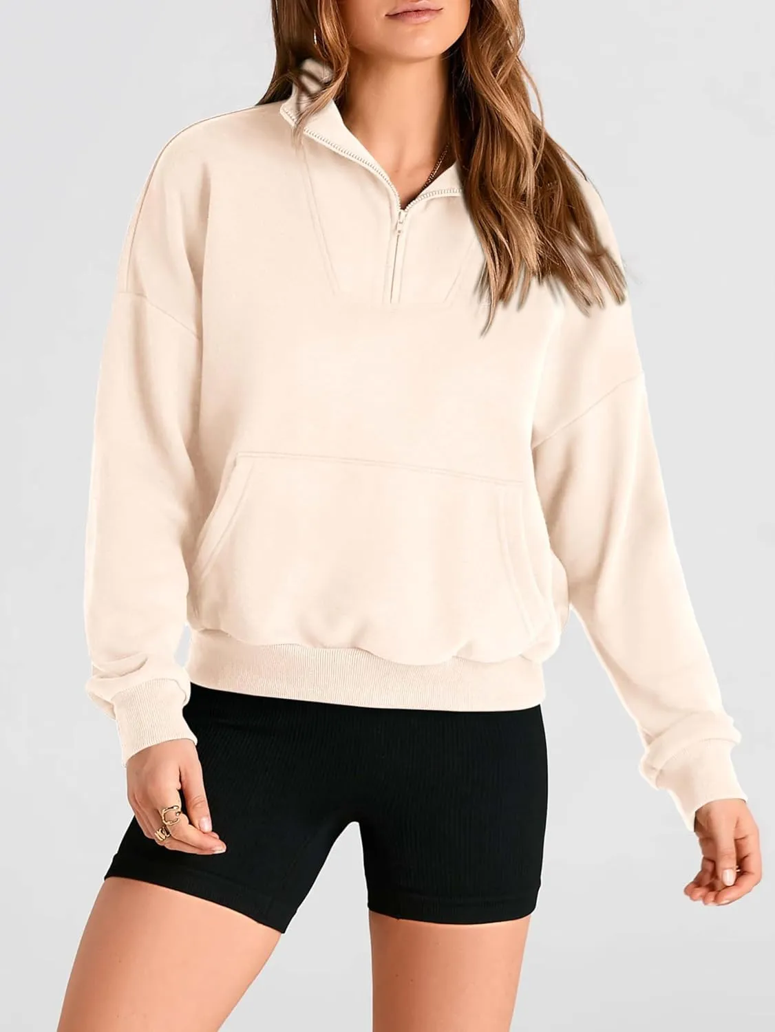 PRETTYGARDEN Womens Quarter Zip Long Sleeve Cropped Sweatshirt 2025 Fall Winter Casual V Neck Pullover Tops With Pockets