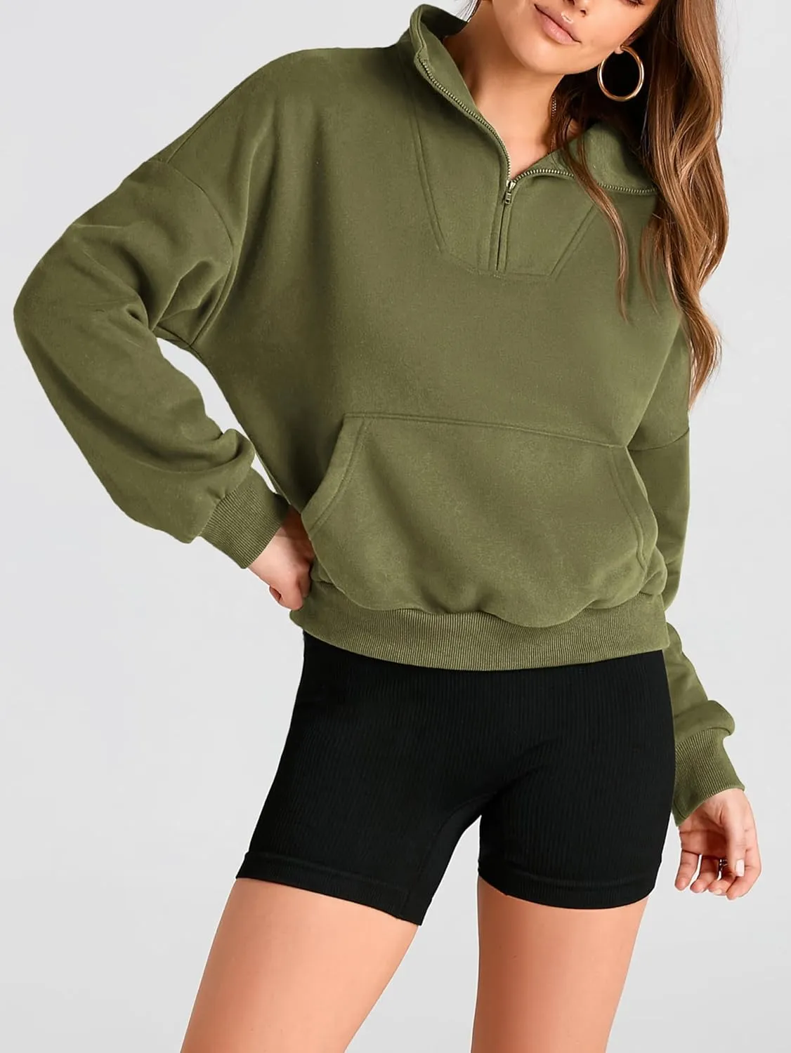 PRETTYGARDEN Womens Quarter Zip Long Sleeve Cropped Sweatshirt 2025 Fall Winter Casual V Neck Pullover Tops With Pockets