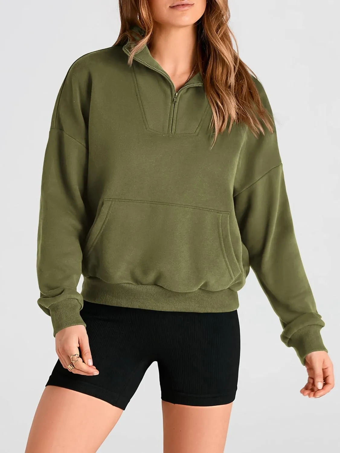 PRETTYGARDEN Womens Quarter Zip Long Sleeve Cropped Sweatshirt 2025 Fall Winter Casual V Neck Pullover Tops With Pockets