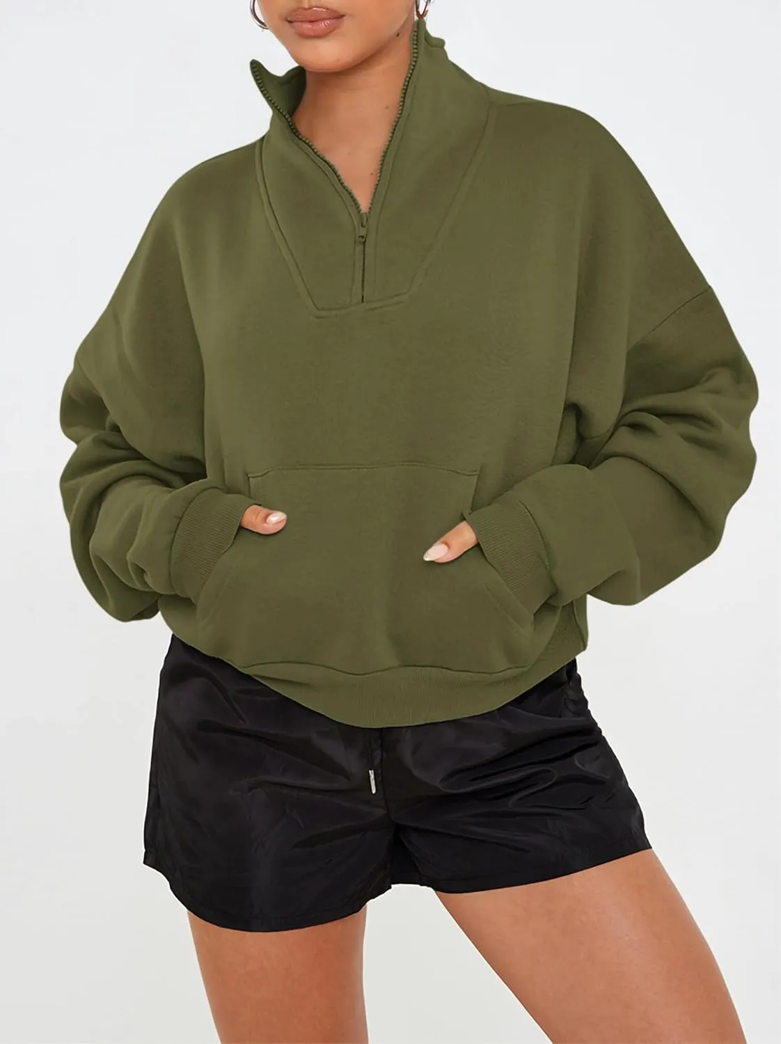 PRETTYGARDEN Womens Quarter Zip Long Sleeve Cropped Sweatshirt 2025 Fall Winter Casual V Neck Pullover Tops With Pockets