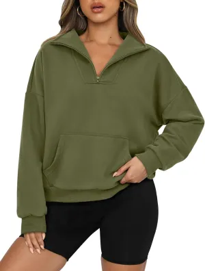 PRETTYGARDEN Womens Quarter Zip Long Sleeve Cropped Sweatshirt 2025 Fall Winter Casual V Neck Pullover Tops With Pockets
