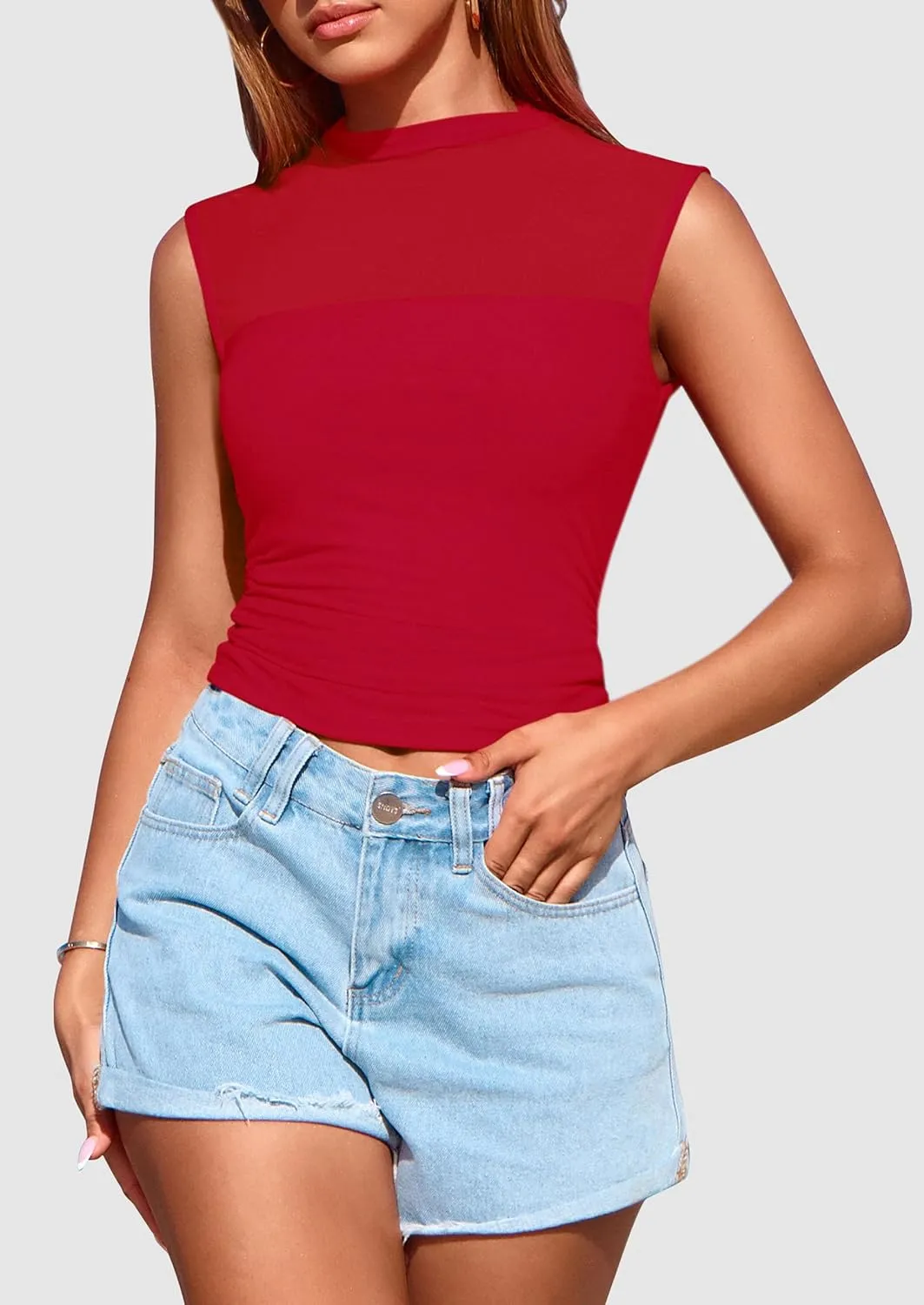 PRETTYGARDEN Women's Sheer Mesh Tank Tops 2025 Summer Trendy Casual Mock Neck Sleeveless Ruched Slim Fitted Going Out Shirts