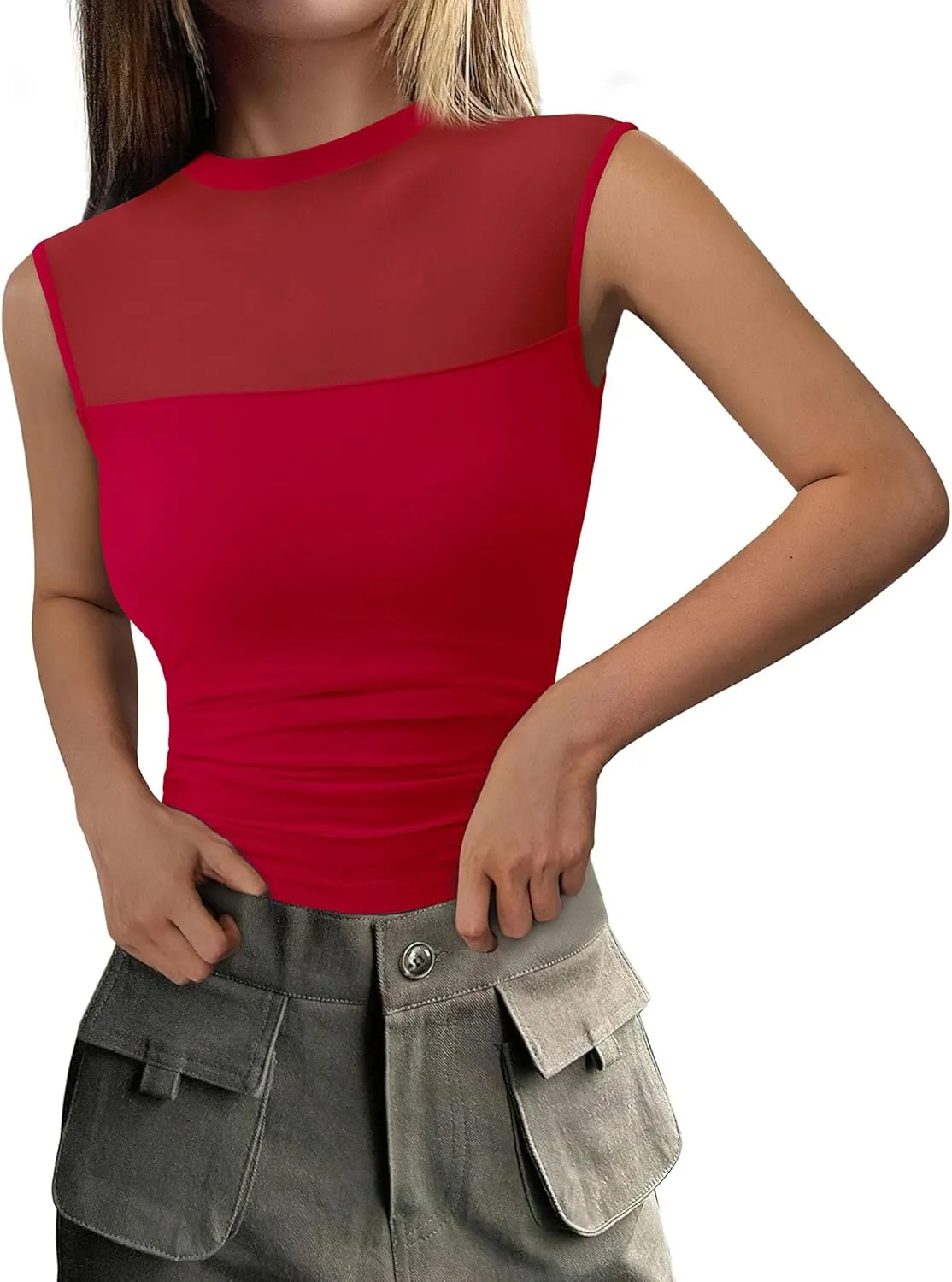PRETTYGARDEN Women's Sheer Mesh Tank Tops 2025 Summer Trendy Casual Mock Neck Sleeveless Ruched Slim Fitted Going Out Shirts