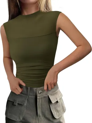 PRETTYGARDEN Women's Sheer Mesh Tank Tops 2025 Summer Trendy Casual Mock Neck Sleeveless Ruched Slim Fitted Going Out Shirts