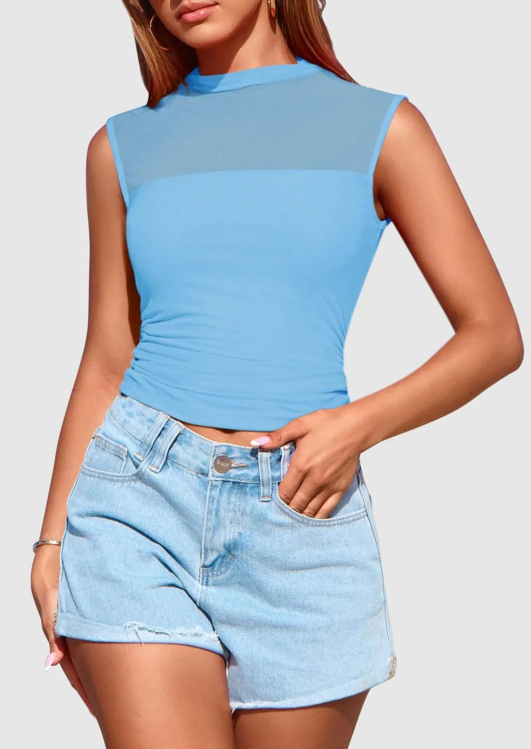 PRETTYGARDEN Women's Sheer Mesh Tank Tops 2025 Summer Trendy Casual Mock Neck Sleeveless Ruched Slim Fitted Going Out Shirts