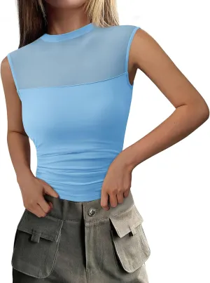 PRETTYGARDEN Women's Sheer Mesh Tank Tops 2025 Summer Trendy Casual Mock Neck Sleeveless Ruched Slim Fitted Going Out Shirts