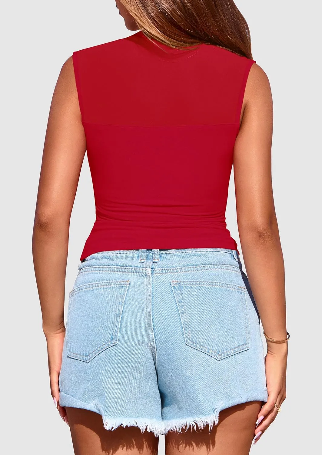 PRETTYGARDEN Women's Sheer Mesh Tank Tops 2025 Summer Trendy Casual Mock Neck Sleeveless Ruched Slim Fitted Going Out Shirts