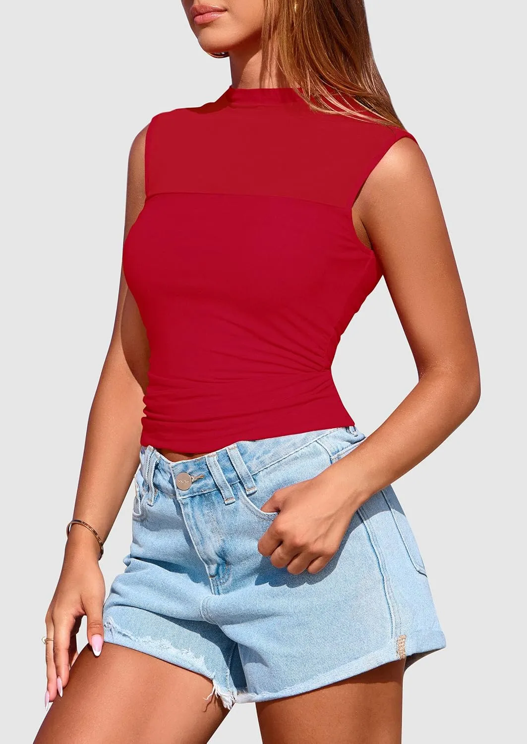 PRETTYGARDEN Women's Sheer Mesh Tank Tops 2025 Summer Trendy Casual Mock Neck Sleeveless Ruched Slim Fitted Going Out Shirts