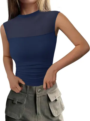 PRETTYGARDEN Women's Sheer Mesh Tank Tops 2025 Summer Trendy Casual Mock Neck Sleeveless Ruched Slim Fitted Going Out Shirts
