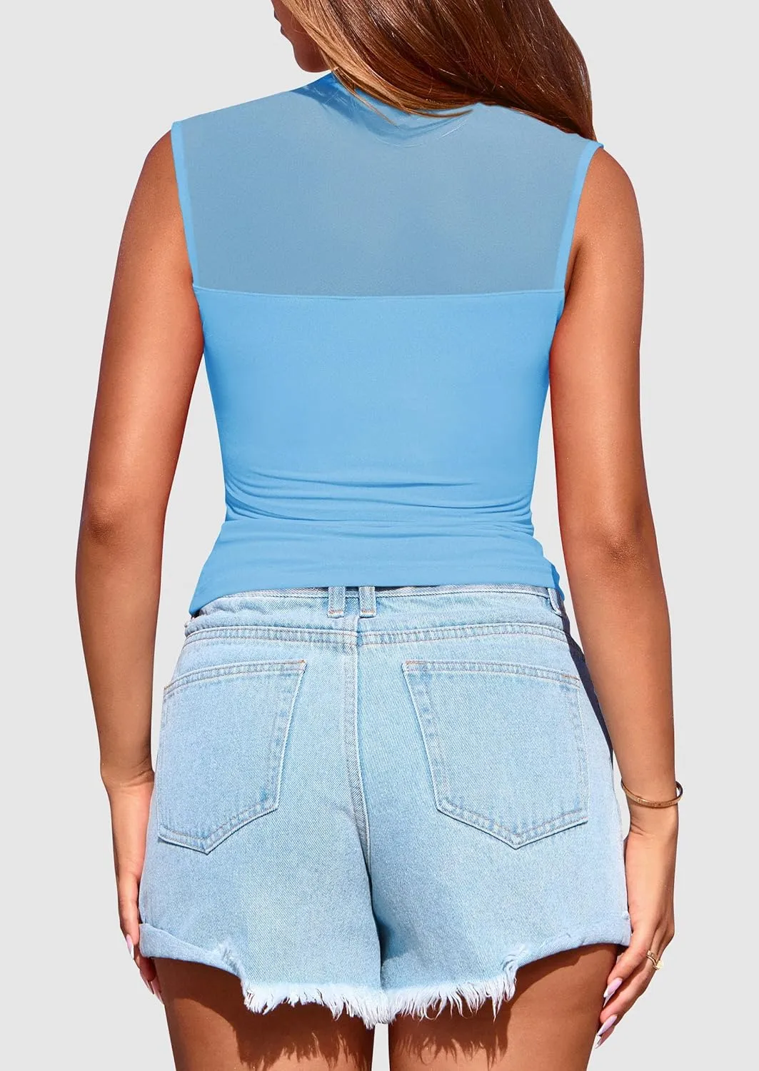 PRETTYGARDEN Women's Sheer Mesh Tank Tops 2025 Summer Trendy Casual Mock Neck Sleeveless Ruched Slim Fitted Going Out Shirts