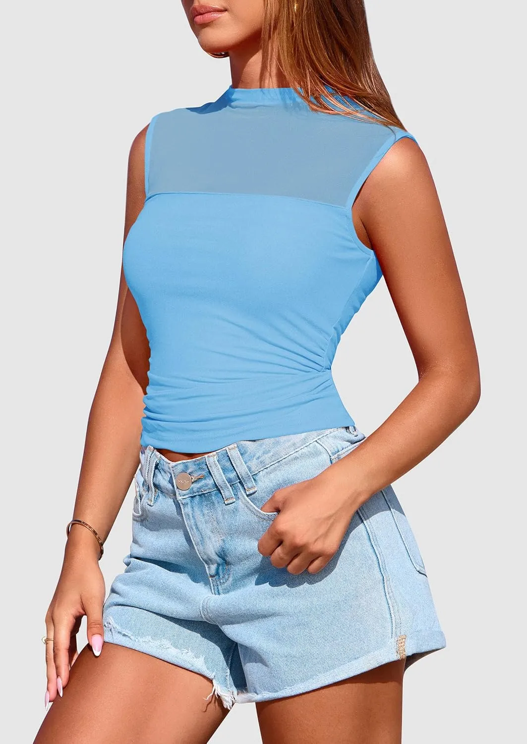 PRETTYGARDEN Women's Sheer Mesh Tank Tops 2025 Summer Trendy Casual Mock Neck Sleeveless Ruched Slim Fitted Going Out Shirts
