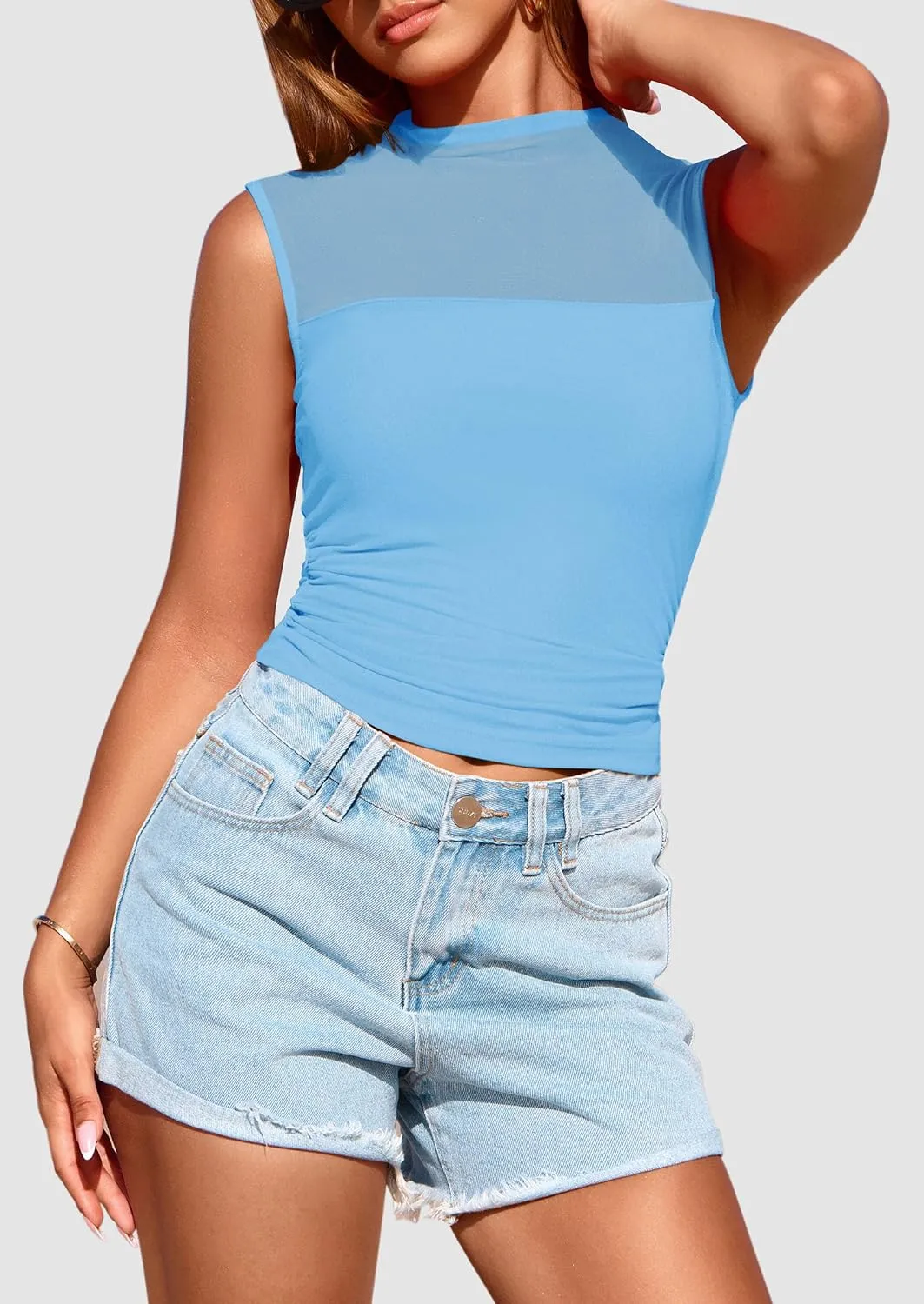 PRETTYGARDEN Women's Sheer Mesh Tank Tops 2025 Summer Trendy Casual Mock Neck Sleeveless Ruched Slim Fitted Going Out Shirts