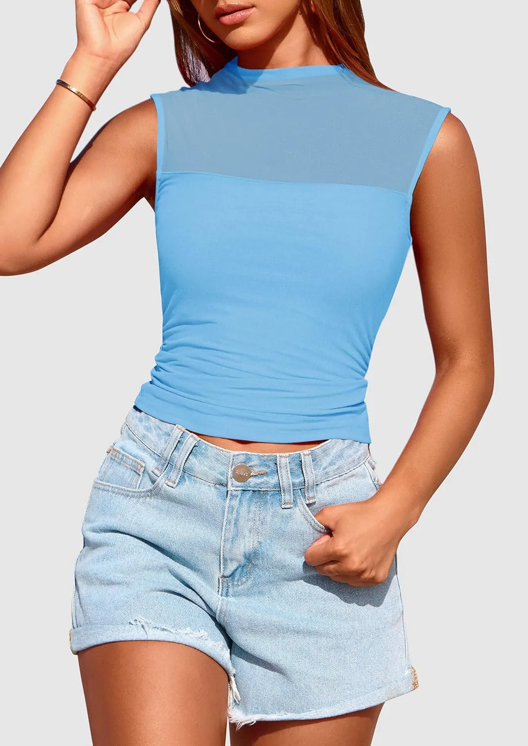 PRETTYGARDEN Women's Sheer Mesh Tank Tops 2025 Summer Trendy Casual Mock Neck Sleeveless Ruched Slim Fitted Going Out Shirts