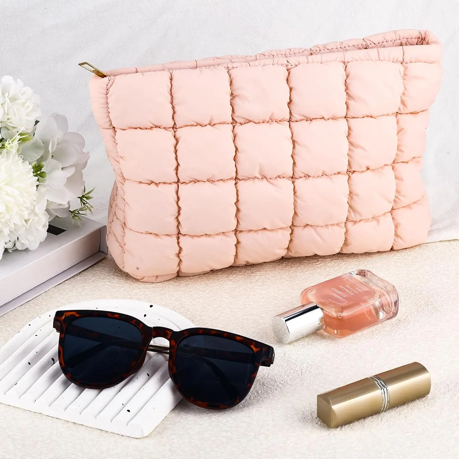 Puffy Quilted Makeup Bag Cotton Large Pink Travel Cosmetic Bag Cute Puffer Solid Toiletry Brush Organizer Pouch Coquette Aesthetic Portable Storage Tote Zipper Makeup Purse for Women Girls